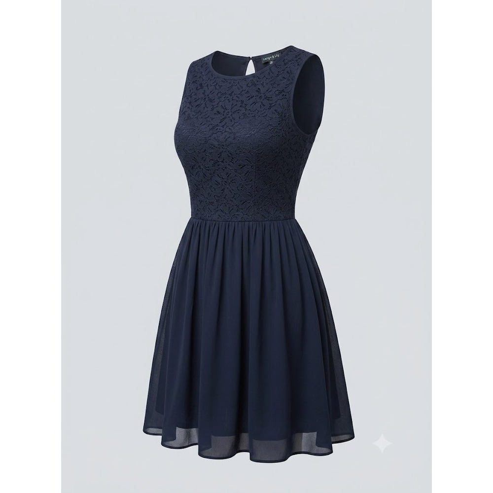 Larsyn & Lily Womens Navy Blue Lace Yoke Sleeveless Fit and Flare Dress Medium M